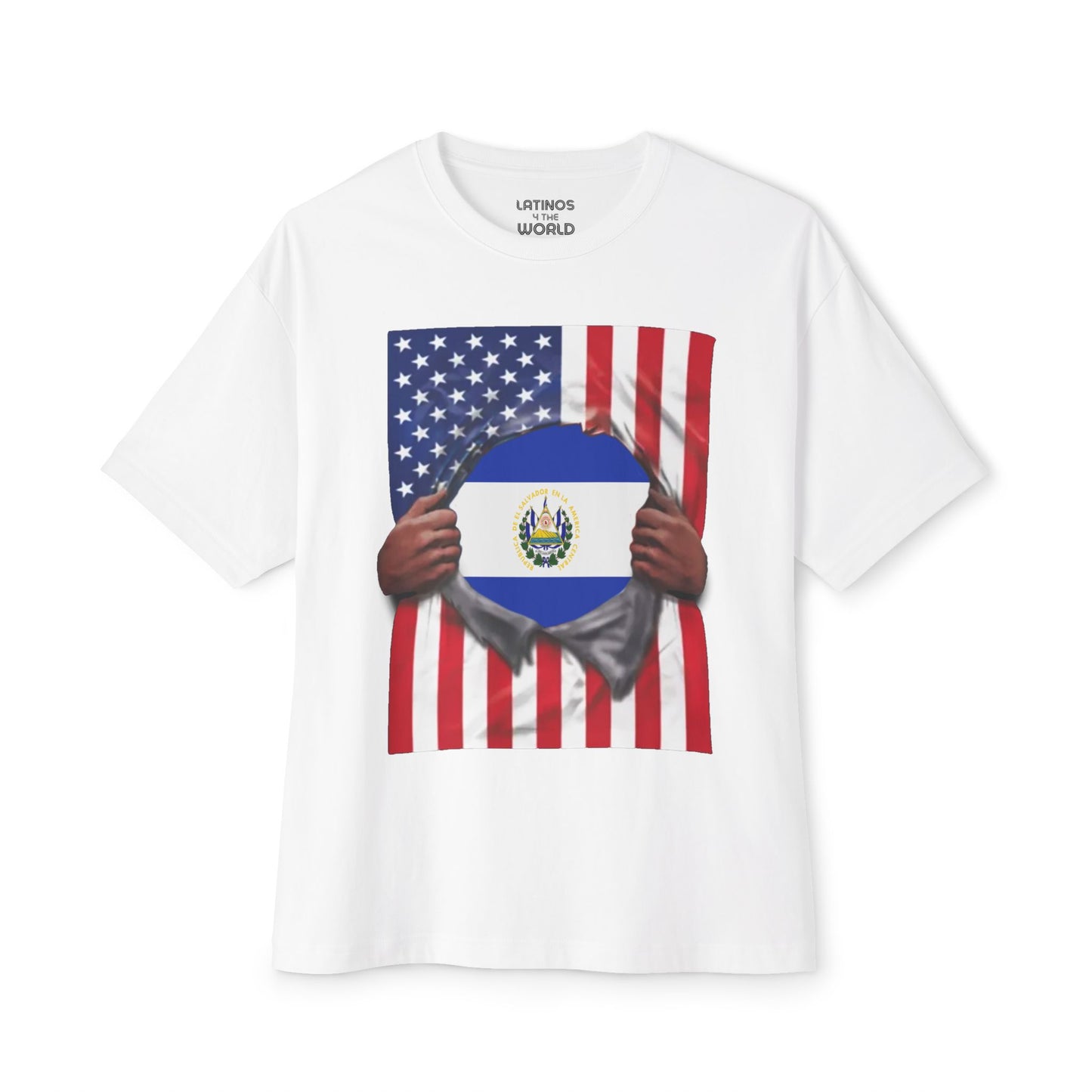 El Salvador Flag + USA Flag Pride T-shirt | Salvadorian + American Flag Rip 4th Of July | Funny Viral Latino Tees | Unisex - 4 Colors - Latinos 4 The World