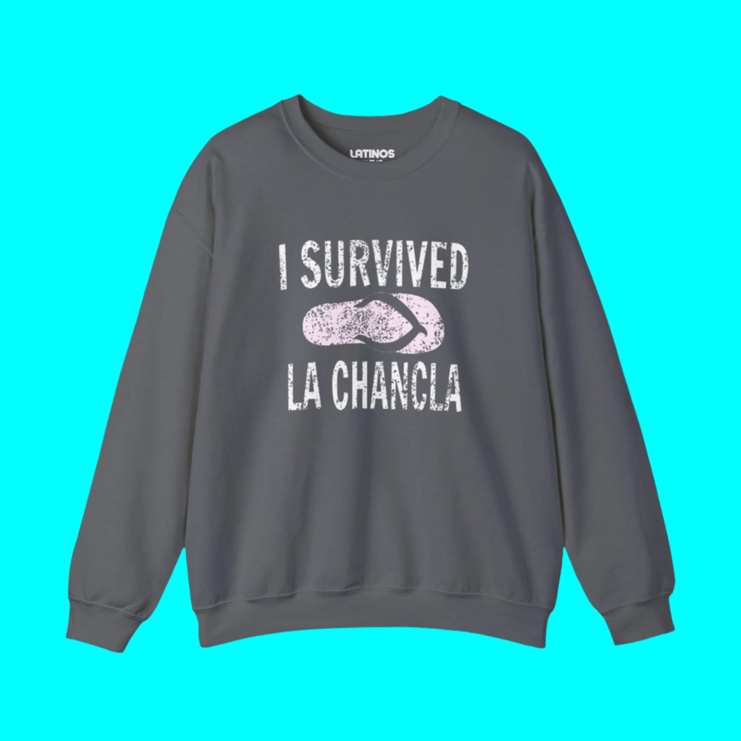 I Survived La Chancla Fleece-Lined Crewneck Sweater | Chancleta Joke Design Latino Pride Funny Viral | 3 Colors