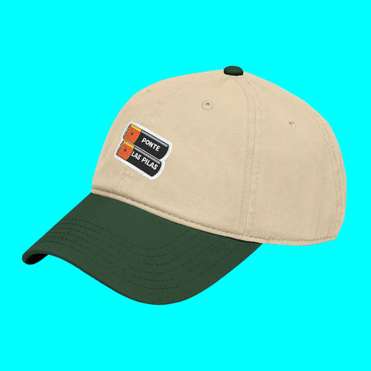 Beige and green cap with a logo on a white background