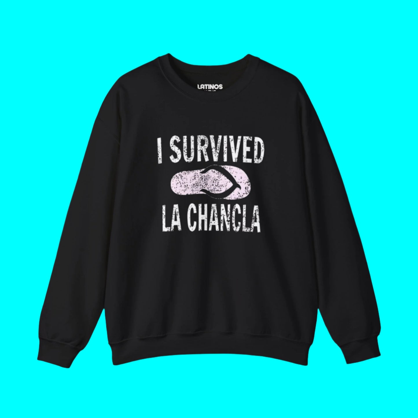 I Survived La Chancla Fleece-Lined Crewneck Sweater | Chancleta Joke Design Latino Pride Funny Viral | 3 Colors
