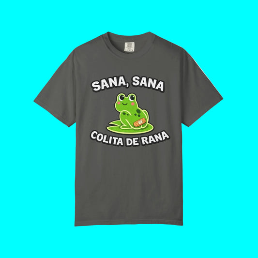 Gray t-shirt with a green frog graphic and text on a white background