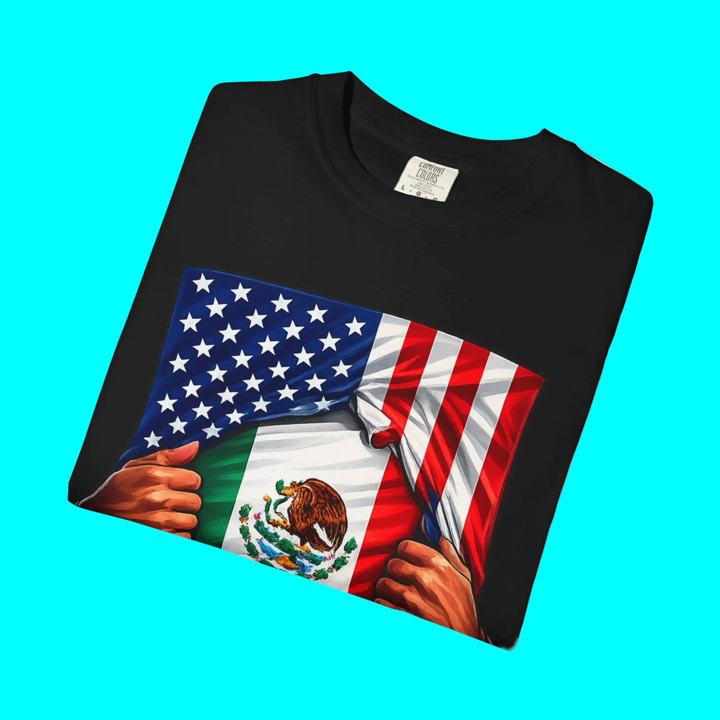Black t-shirt with a graphic of two hands holding an American and Mexican flag on a white background
