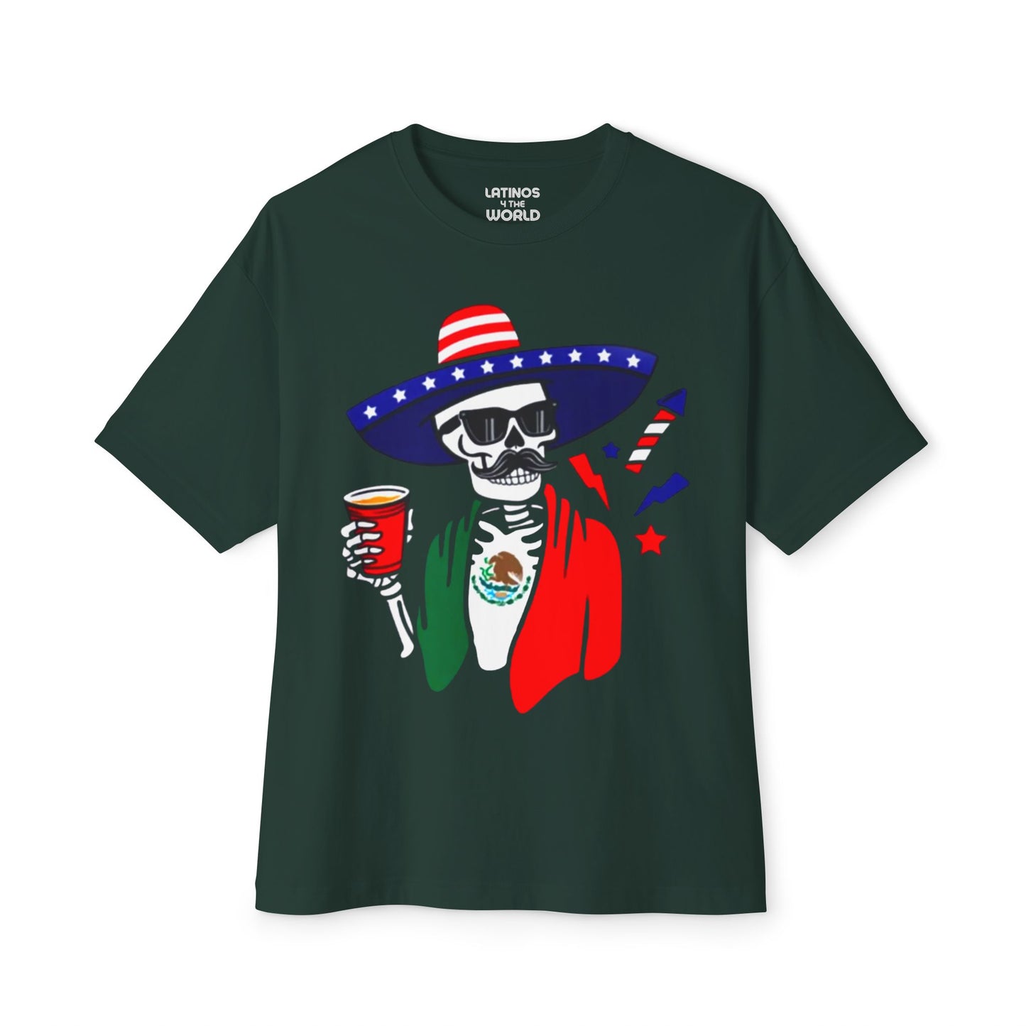 Fiesta Skeleton Party Esqueleto Mexico + USA T-shirt | Mexican + American Funny Viral Latino Tees | Unisex - 3 Colors | Halloween - Latinos 4 The World