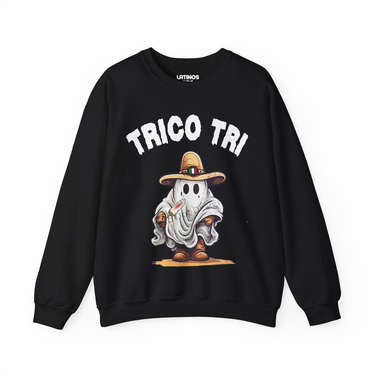 Trico Tri Latino Trick or Treat Spanglish Ghost Crewneck Sweater | Halloween, Boo Scary Spooky Horror Costume Latino | 3 Colors - Unisex - Latinos 4 The World