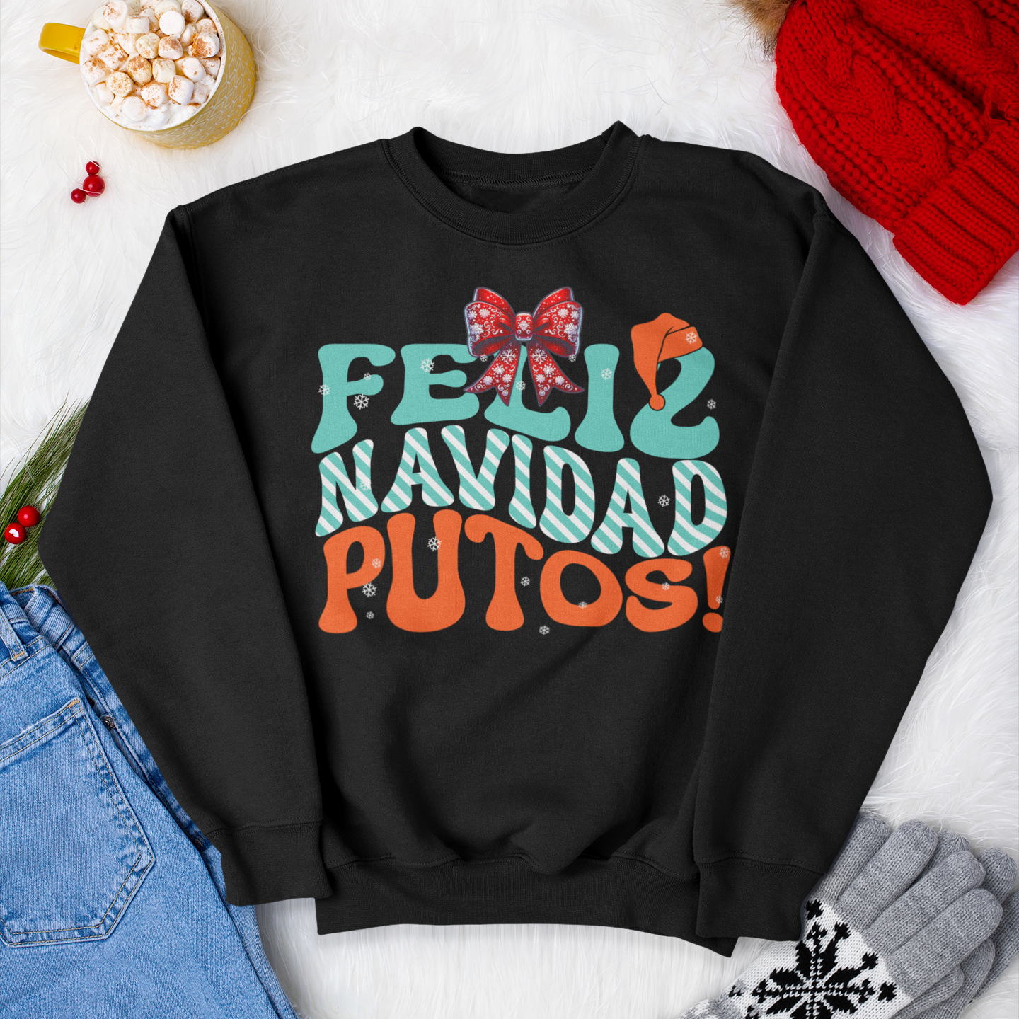 Feliz Navidad Putos! Christmas Comfy Crewneck Sweater | Latino Holiday 3 Colors - Latinos 4 The World