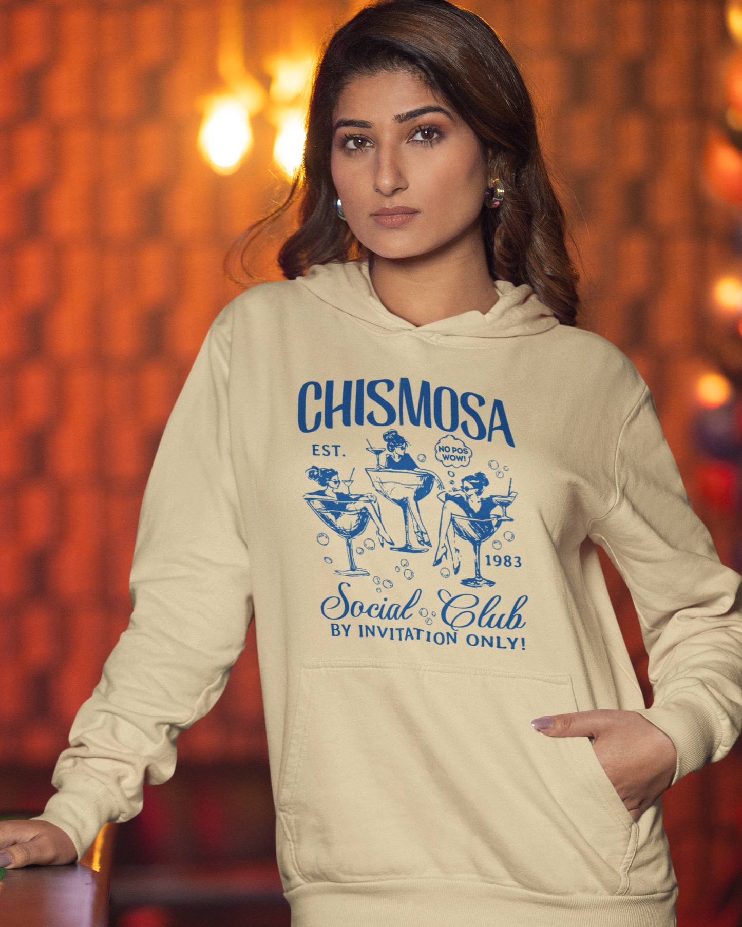 Chismosa Social Club Comfy Warm Hoodie | No Pos Wow! By Invitation Only! Funny Latino Fleece-Lined Crewneck