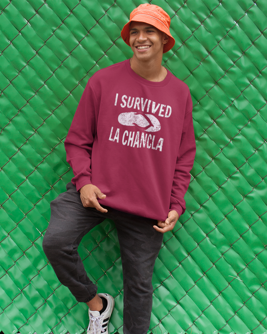 I Survived La Chancla Fleece-Lined Crewneck Sweater | Chancleta Joke Design Latino Pride Funny Viral | 3 Colors