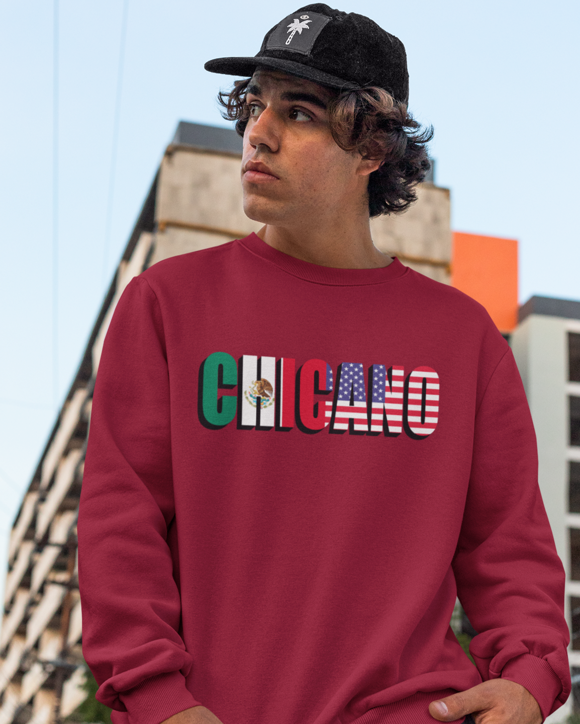 CHICANO Mexico and USA Flag Fleece-Lined Crewneck Sweater | American Pride 4th Of July | Funny Viral Latino