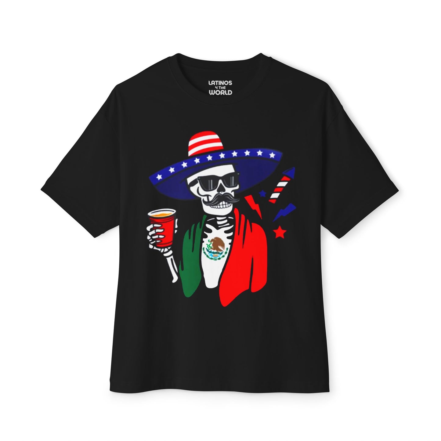 Fiesta Skeleton Party Esqueleto Mexico + USA T-shirt | Mexican + American Funny Viral Latino Tees | Unisex - 3 Colors | Halloween - Latinos 4 The World
