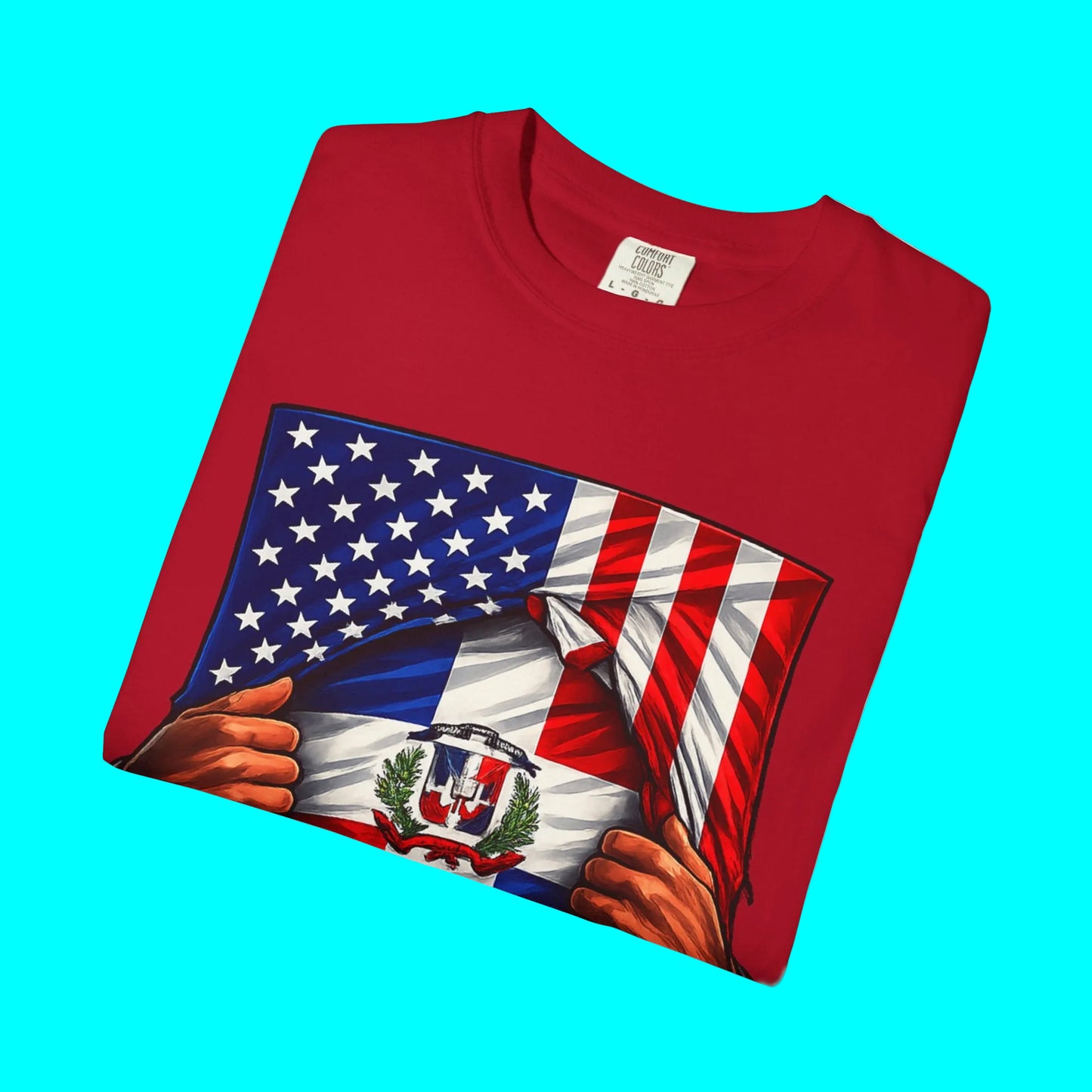 Red t-shirt with a graphic design of two hands holding an American flag on a white background