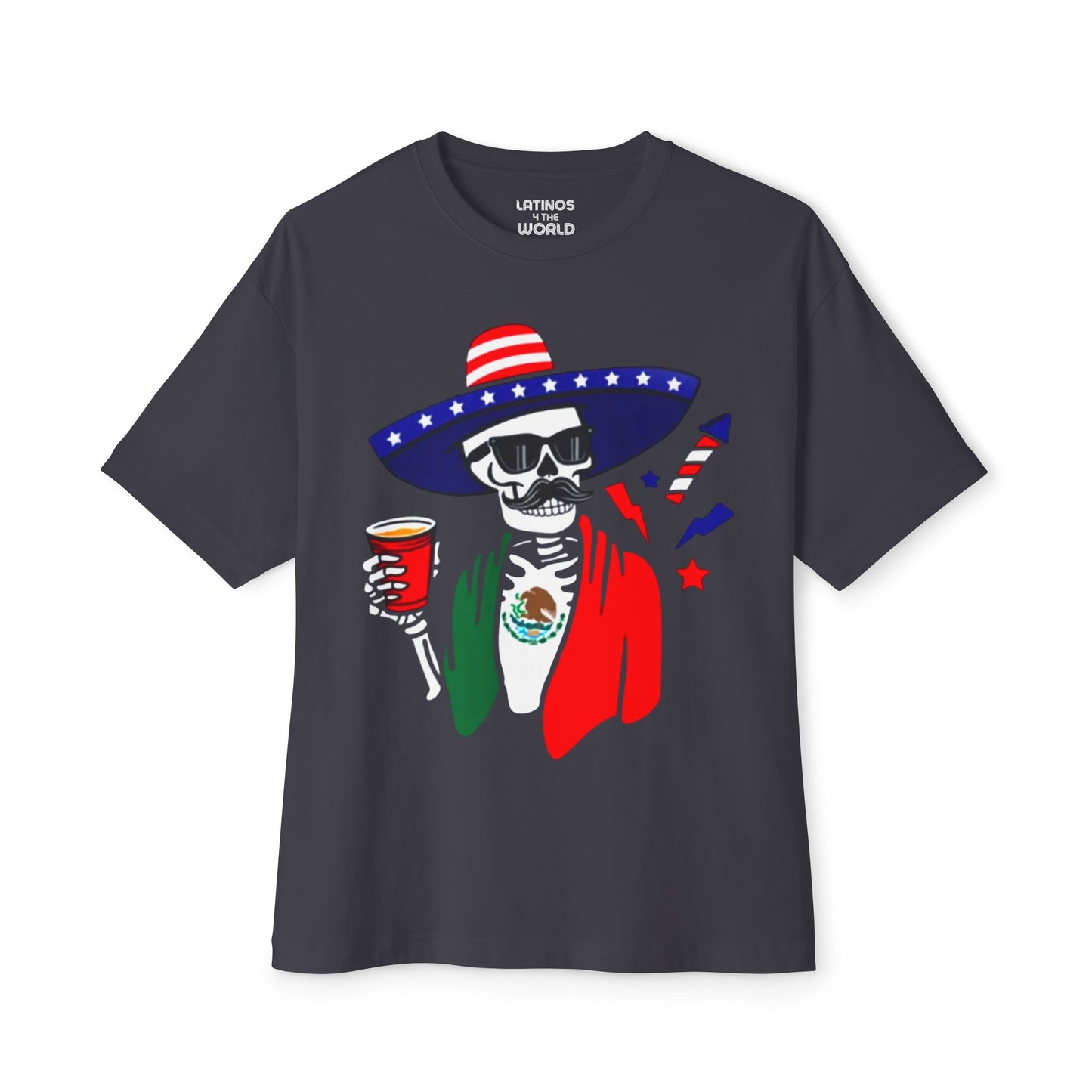 Fiesta Skeleton Party Esqueleto Mexico + USA T-shirt | Mexican + American Funny Viral Latino Tees | Unisex - 3 Colors | Halloween - Latinos 4 The World