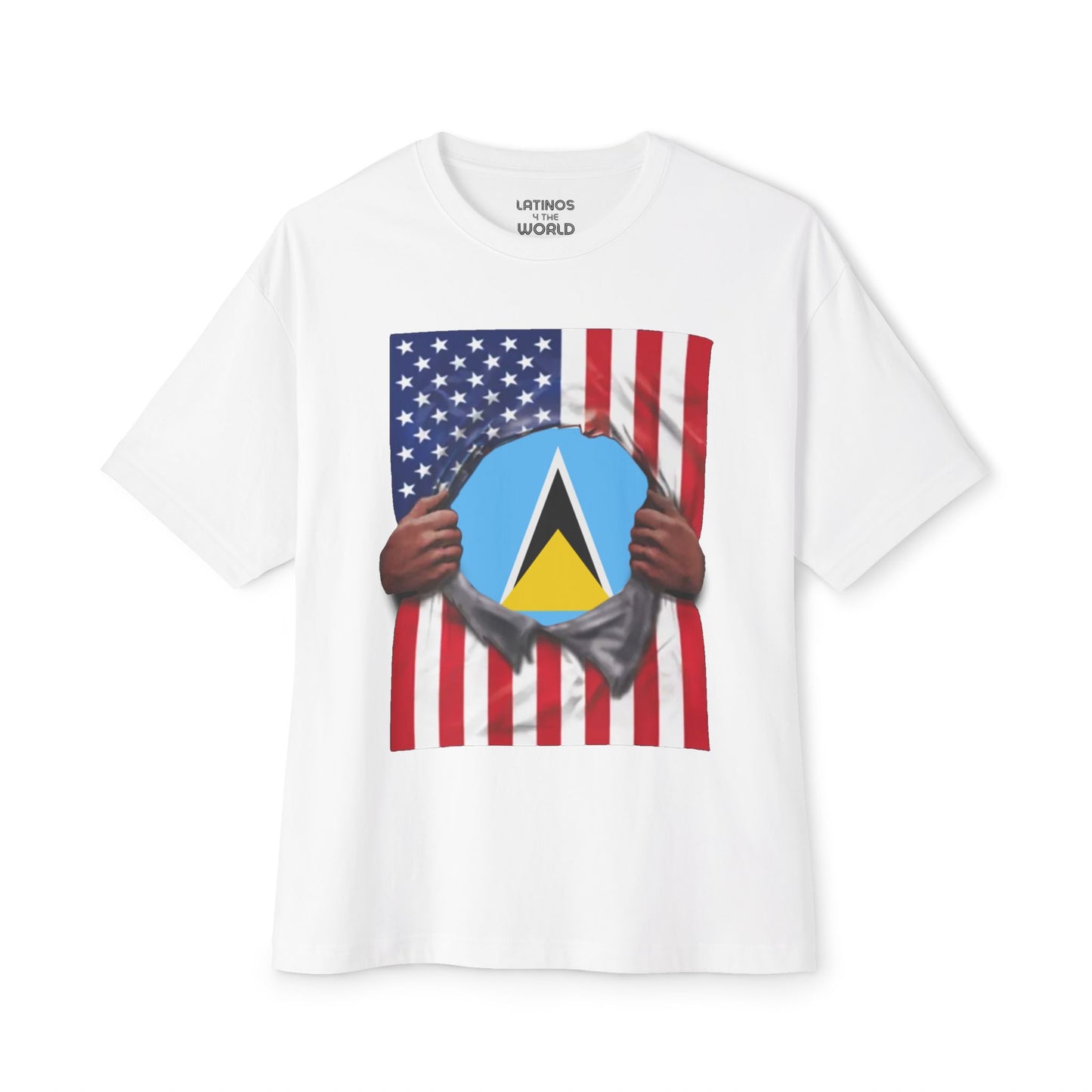 Saint Lucia + USA Flag T-shirt | St Lucian + American Flag Rip 4th Of July | Funny Latino Tees | 4 Colors - Latinos 4 The World