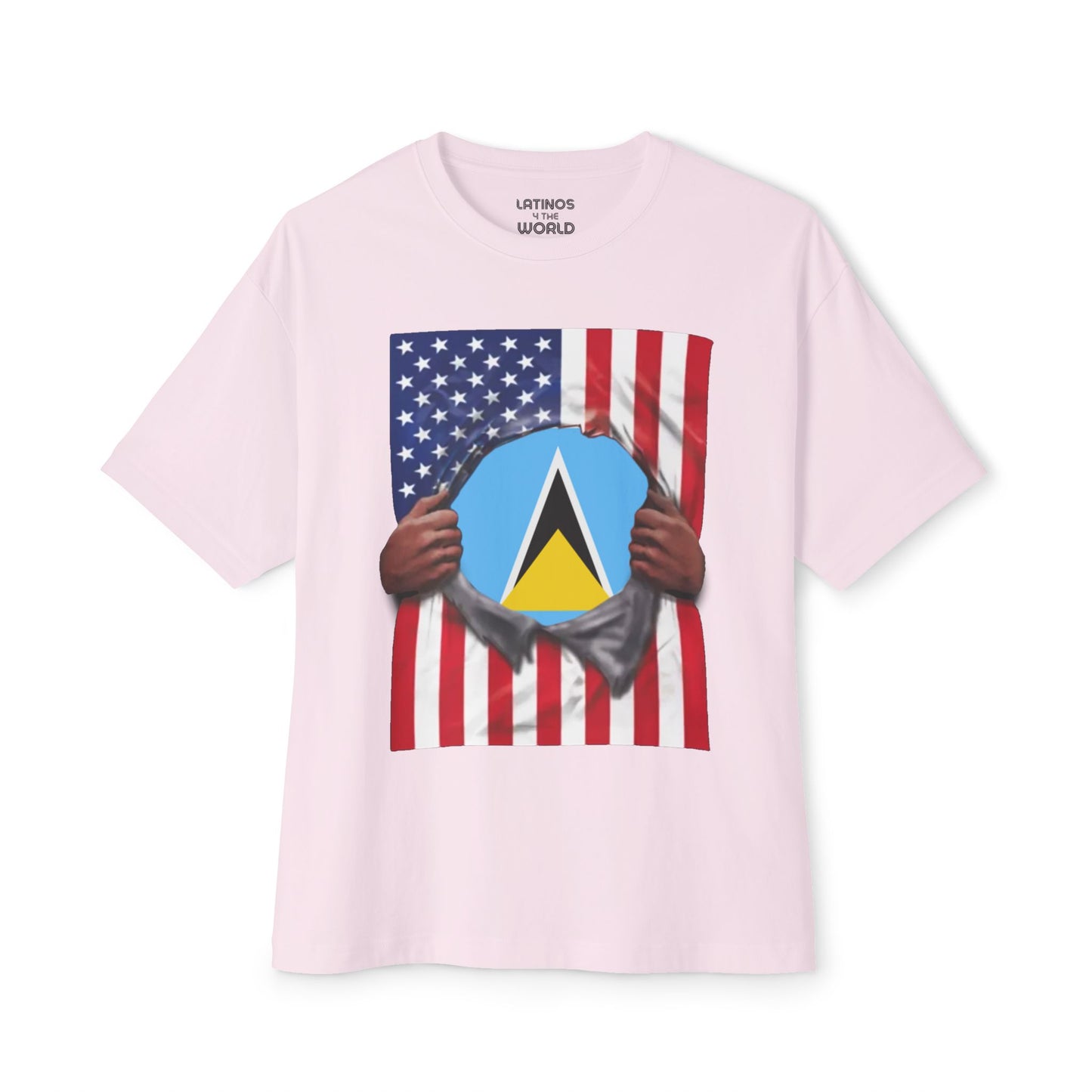 Saint Lucia + USA Flag T-shirt | St Lucian + American Flag Rip 4th Of July | Funny Latino Tees | 4 Colors - Latinos 4 The World