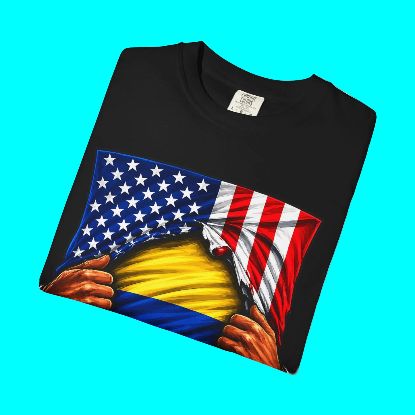 Black t-shirt with a graphic design of two hands holding an American flag on a white background