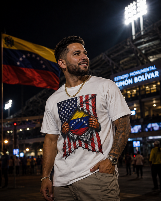 A man wearing a white graphic t-shirt with a patriotic American and Venezuelan flag design, standing at night in front of Estadio Monumental Simón Bolivar in Bogota, Colombia.