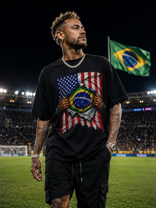 Brazil Flag + USA Flag Heritage T-shirt | Brazilian + American Culture Flag Rip 4th Of July | Funny Viral Latino Tees | Heavyweight Cotton