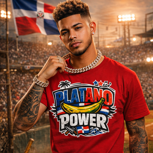Man wearing a red 'Platano Power' shirt in a stadium setting with a Dominican flag.