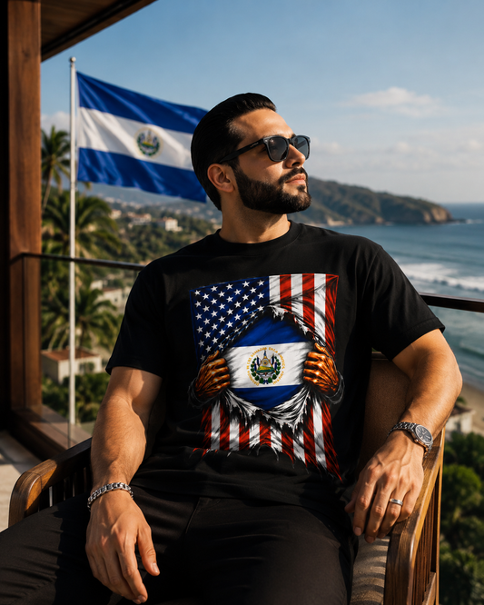 A man wearing a black graphic t-shirt sits on a balcony overlooking the ocean. The t-shirt features a graphic of a bald eagle tearing open a United States flag to reveal the flag of El Salvador underneath.