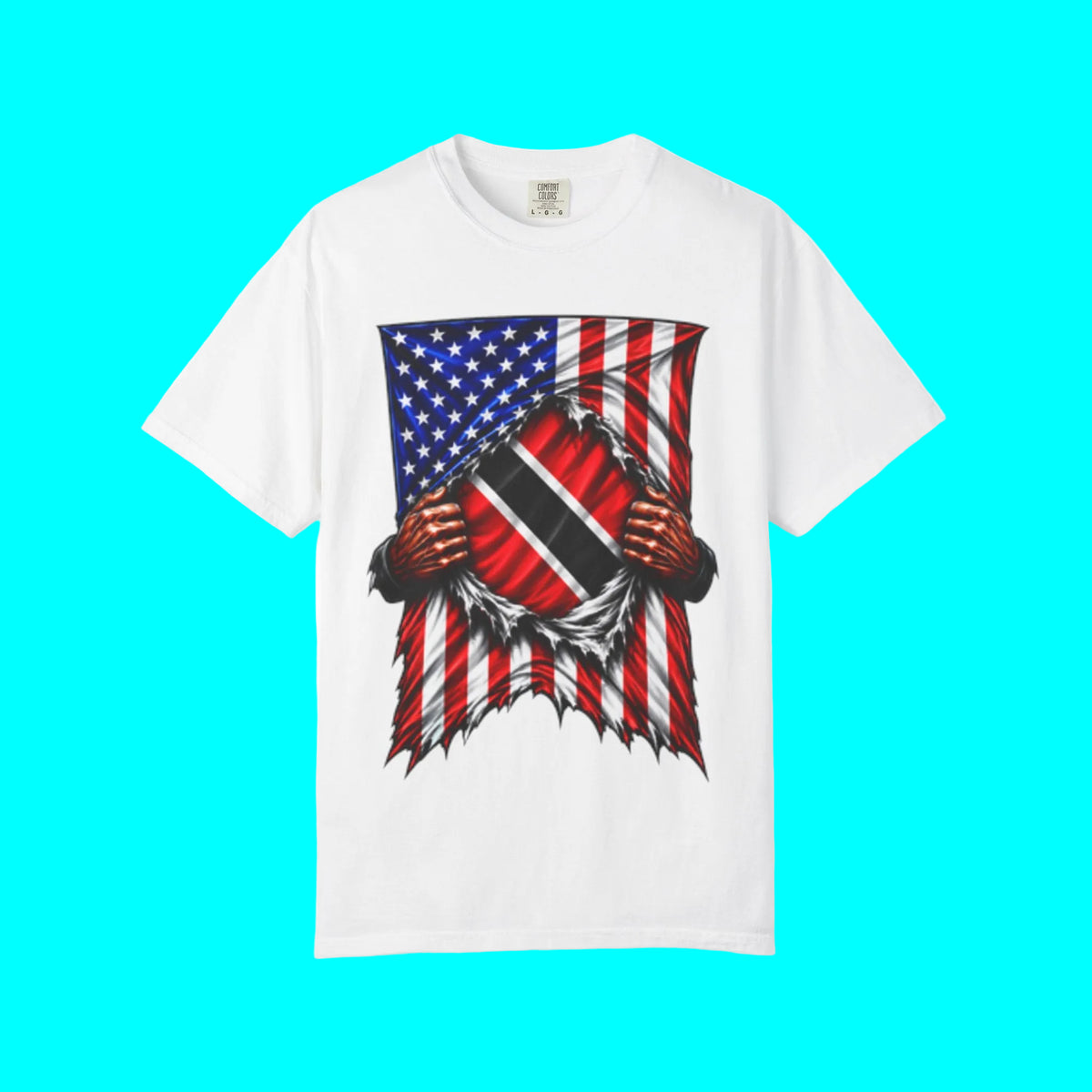 A white short-sleeve crewneck t-shirt featuring a graphic print of a torn American flag revealing a flag of Sierra Leone held by two hands.