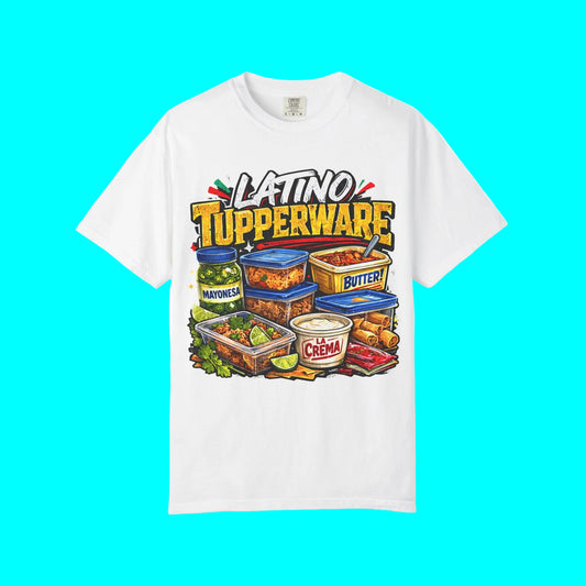 White t-shirt with colorful graphic of Tupperware containers and 'Latino Tupperware' text on a white background