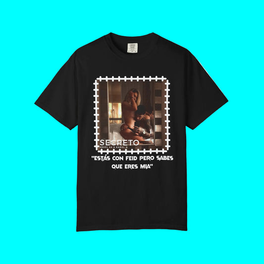 Black t-shirt with graphic design and text on a white background