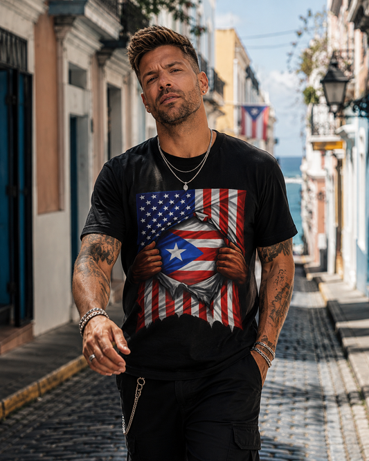 Puerto Rico Flag + USA Flag Heritage T-shirt | Puerto Rican + American Culture 4th Of July | Funny Viral Latino Tees | Heavyweight Cotton
