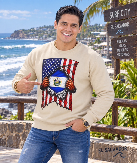 El Salvador Flag + USA Flag Heritage Crewneck Sweatshirt | Salvadorian + American Culture Flag Rip 4th Of July | Funny Viral Latino | Heavyweight Fleece-Lined