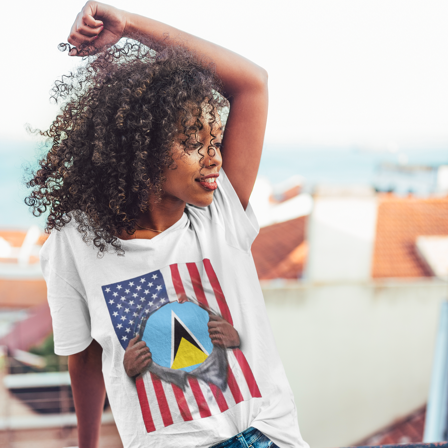 Saint Lucia + USA Flag T-shirt | St Lucian + American Flag Rip 4th Of July | Funny Latino Tees | 4 Colors - Latinos 4 The World