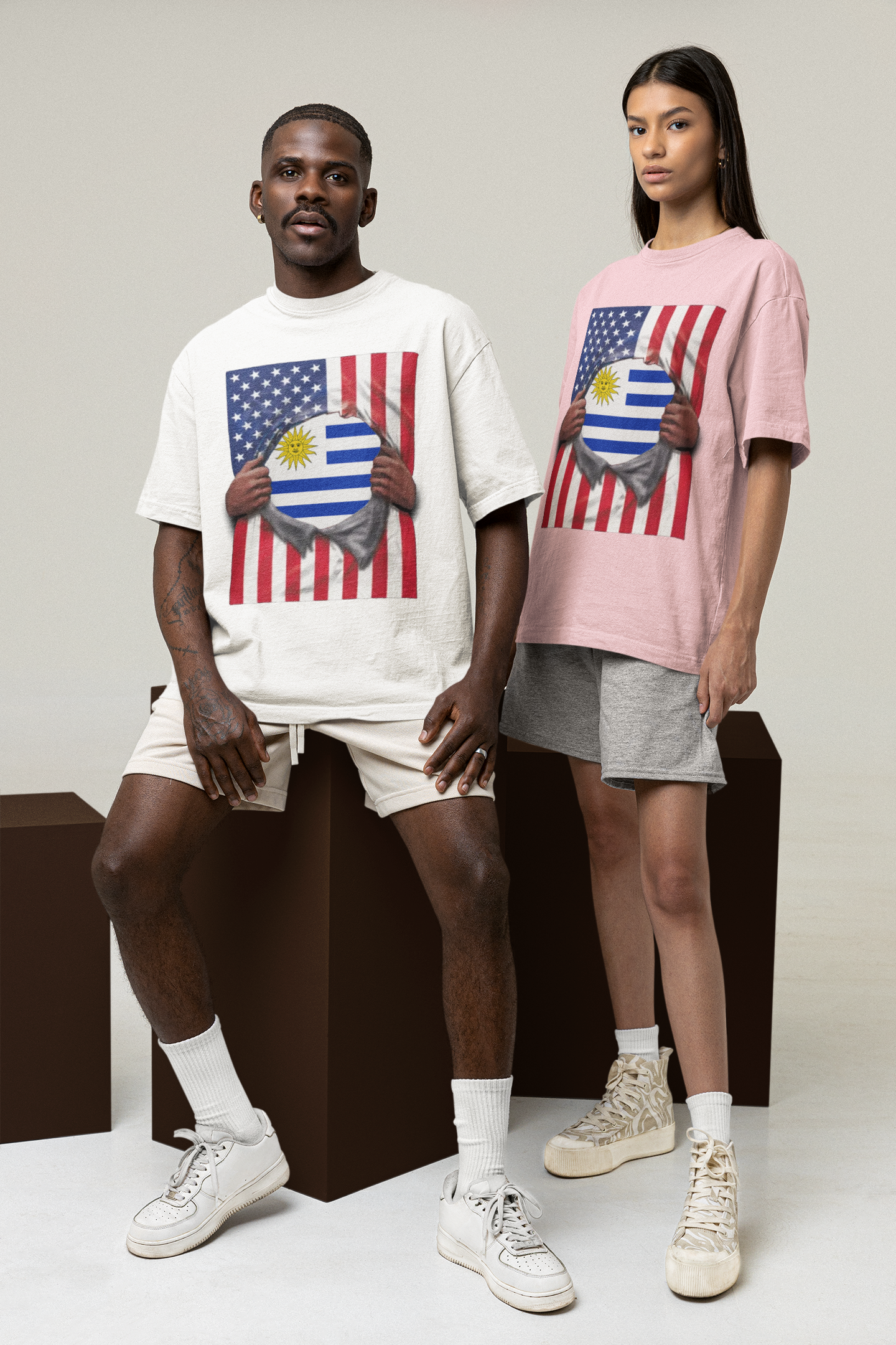 Uruguay Flag + USA Flag Pride T-shirt | Uruguayan + American Flag Rip 4th Of July | Funny Viral Latino Tees | Unisex - 4 Colors - Latinos 4 The World