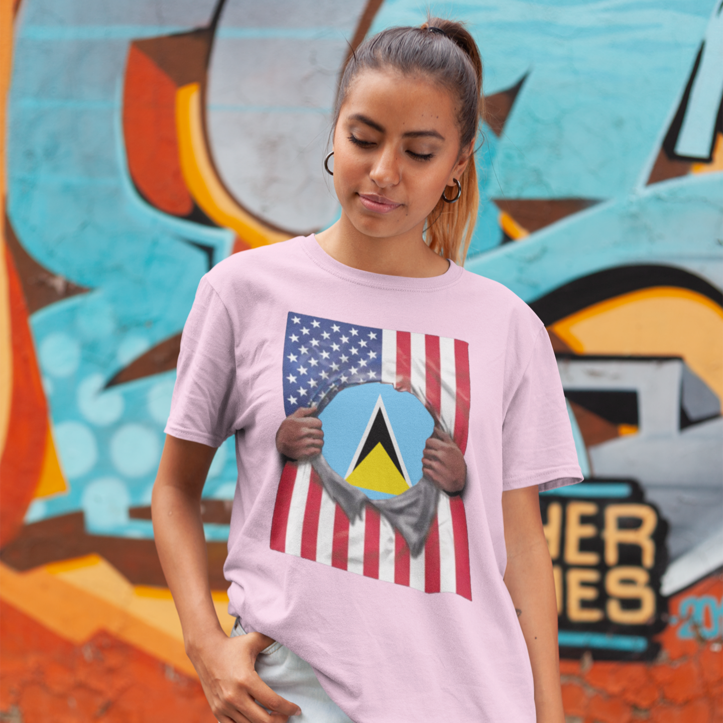 Saint Lucia + USA Flag T-shirt | St Lucian + American Flag Rip 4th Of July | Funny Latino Tees | 4 Colors - Latinos 4 The World