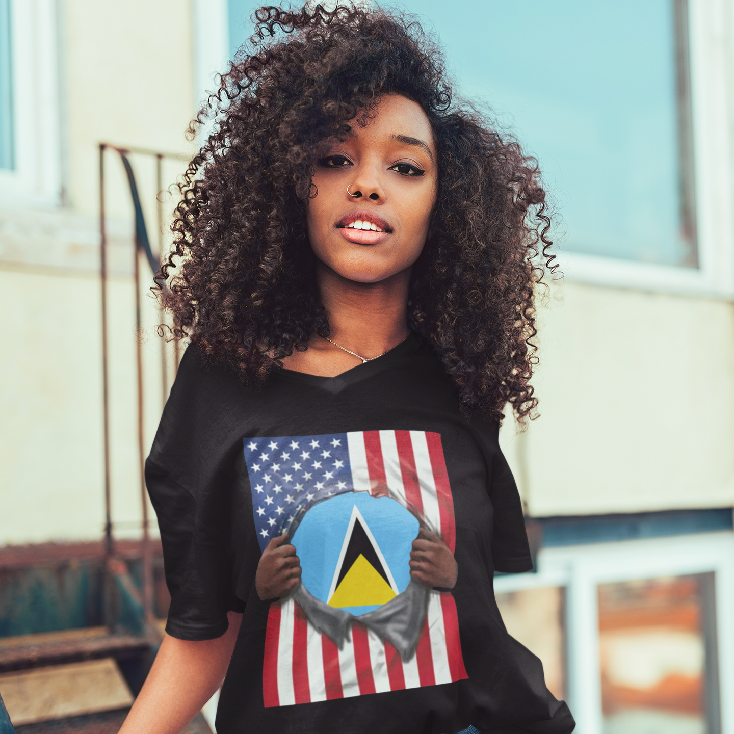 Saint Lucia + USA Flag T-shirt | St Lucian + American Flag Rip 4th Of July | Funny Latino Tees | 4 Colors - Latinos 4 The World