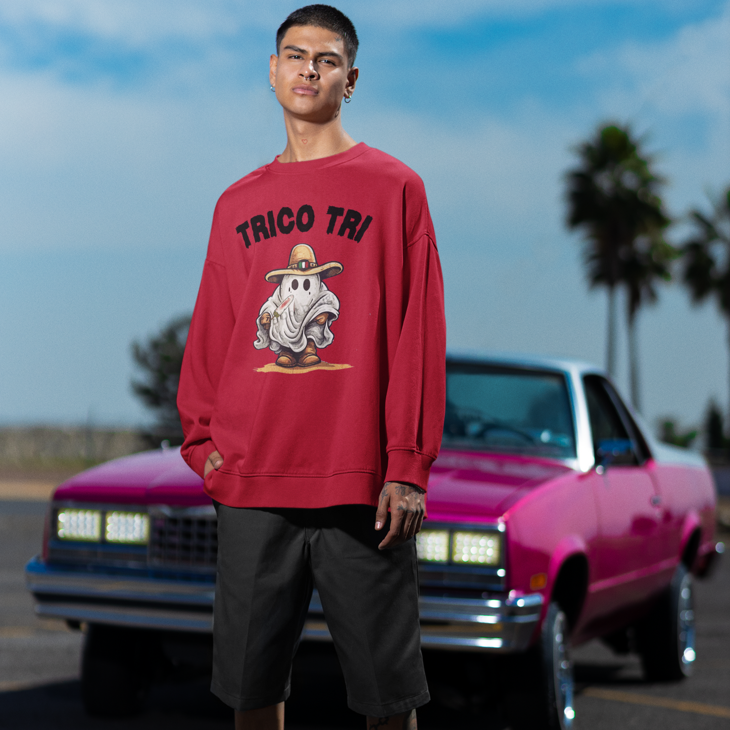 Trico Tri Latino Trick or Treat Spanglish Ghost Crewneck Sweater | Halloween, Boo Scary Spooky Horror Costume Latino | 3 Colors - Unisex - Latinos 4 The World