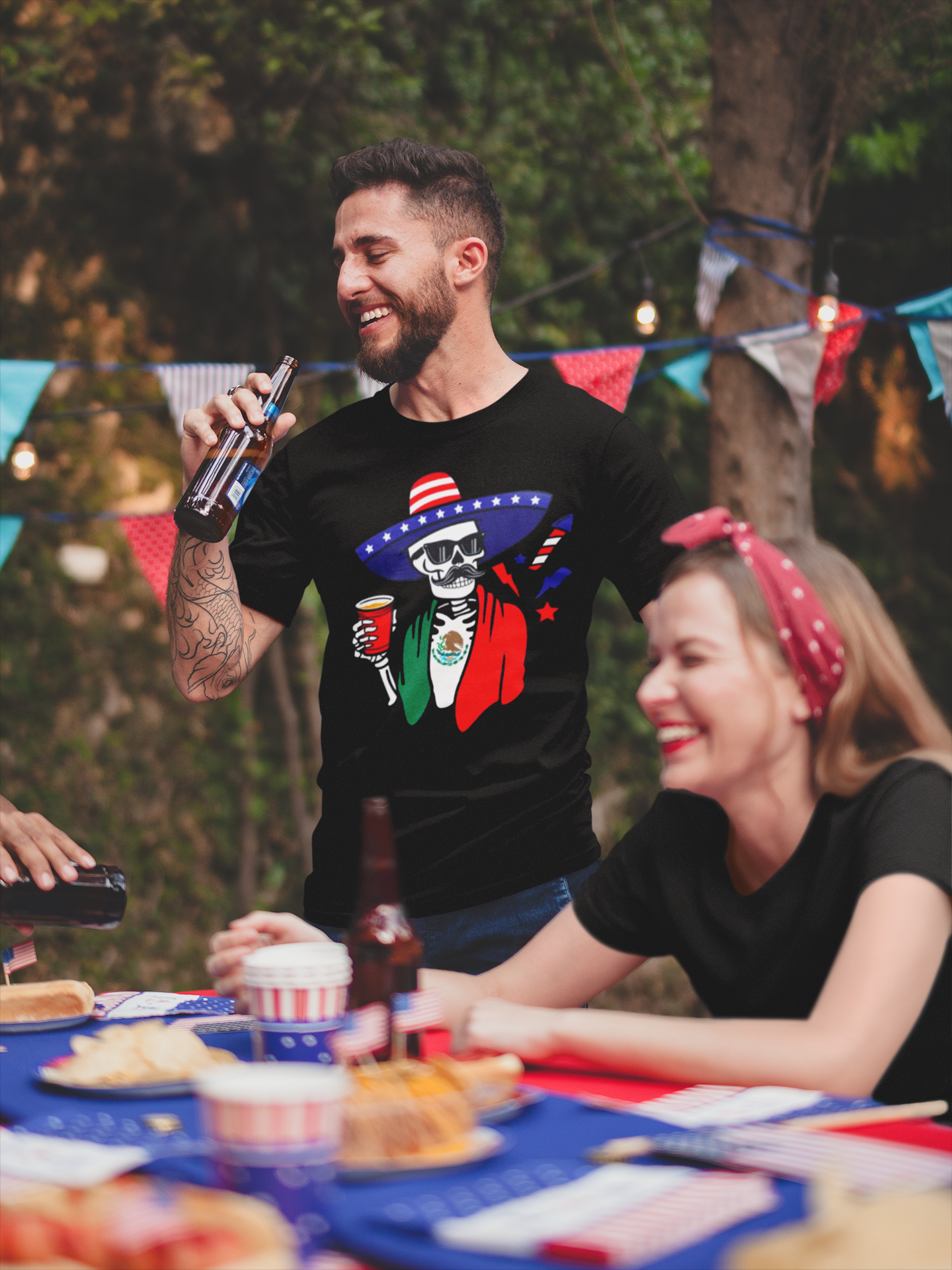 Fiesta Skeleton Party Esqueleto Mexico + USA T-shirt | Mexican + American Funny Viral Latino Tees | Unisex - 3 Colors | Halloween - Latinos 4 The World