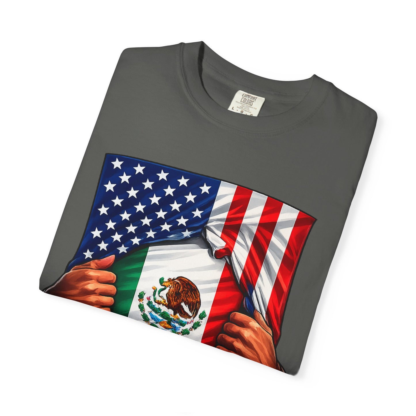 Gray t-shirt with a graphic of two hands holding an American and Mexican flag on a white background
