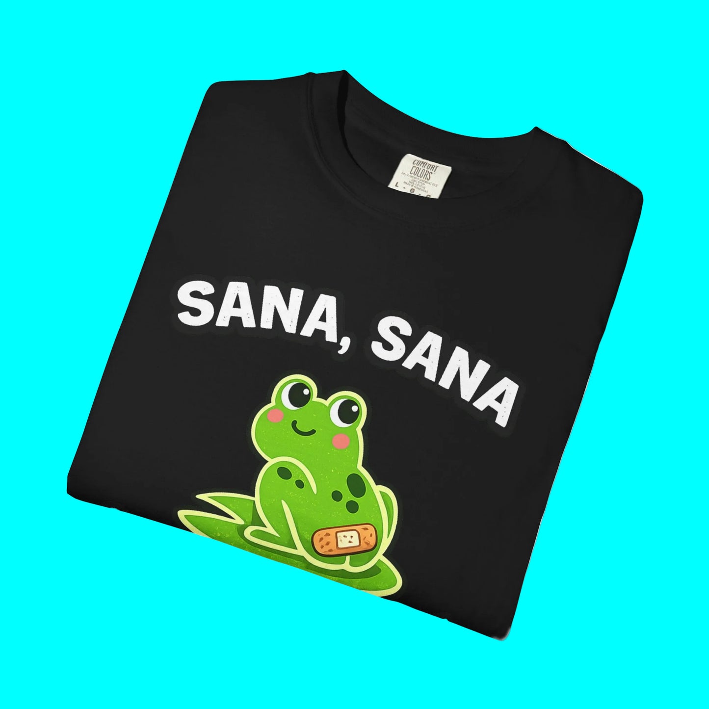 Black t-shirt with a green frog graphic and 'SANA, SANA' text on a white background