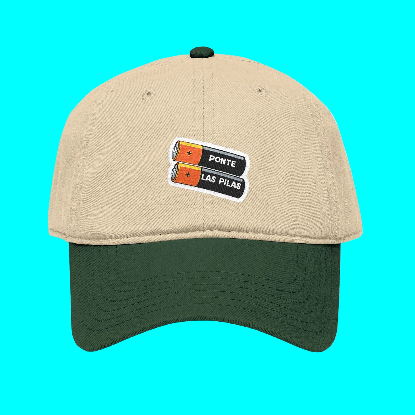 Beige and green cap with a logo on a white background