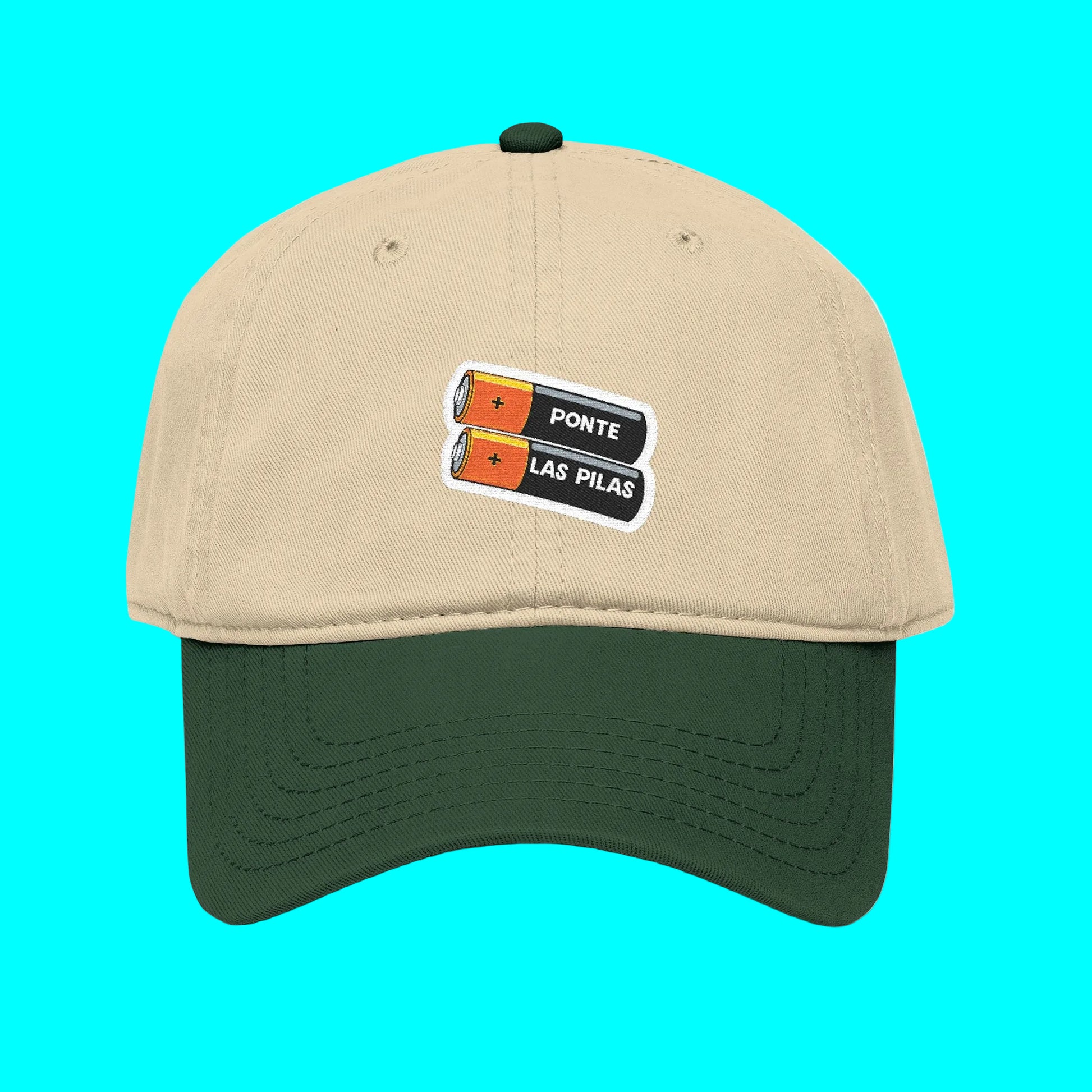 Beige and green cap with a logo on a white background