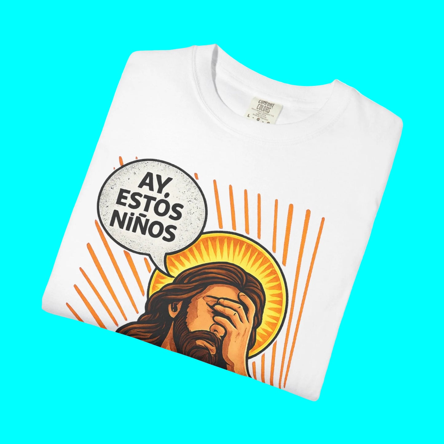 White t-shirt with graphic design of a religious figure and text bubble on a white background