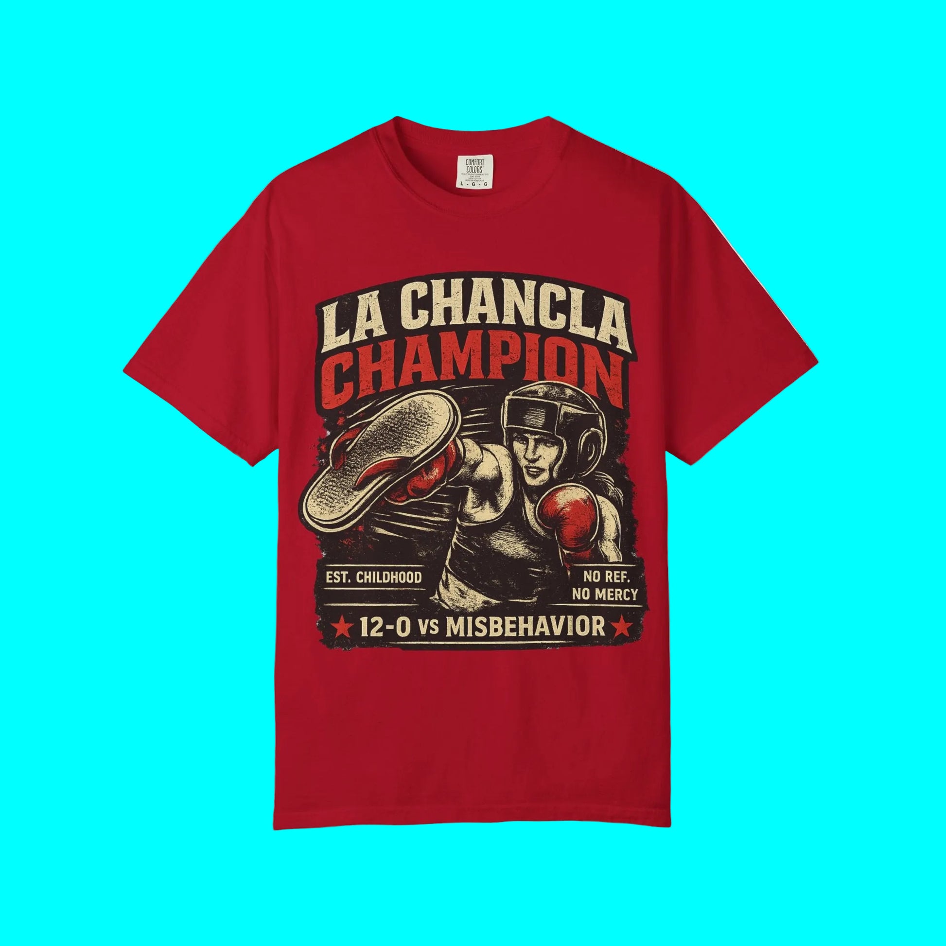 Red t-shirt with boxing graphic and text on a white background