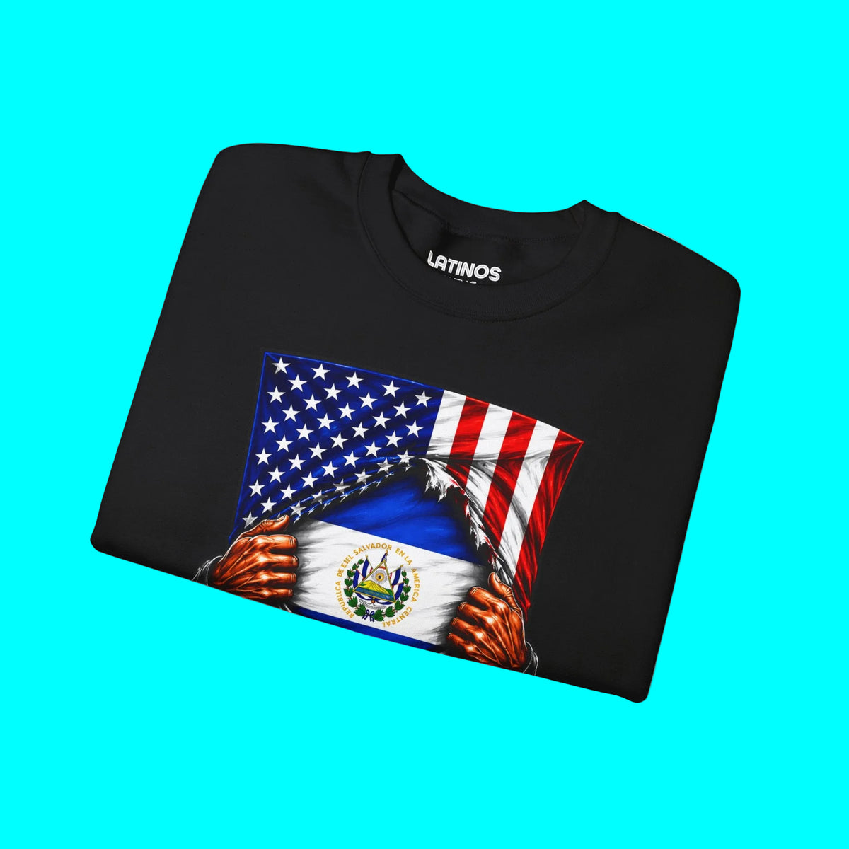 El Salvador Flag + USA Flag Heritage Crewneck Sweatshirt  | Salvadorian + American Culture Flag Rip 4th Of July | Funny Viral Latino | Heavyweight Fleece-Lined