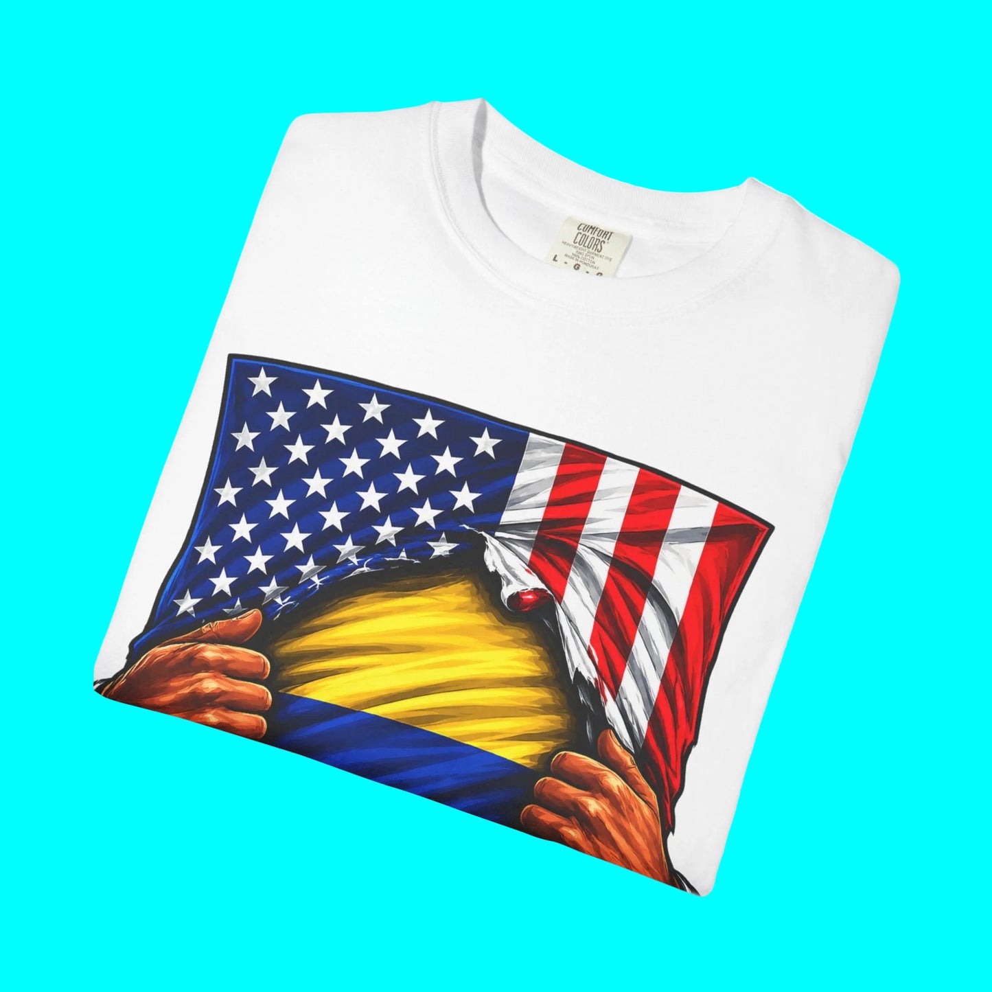 White t-shirt with a graphic design of hands holding an American flag and a yellow object on a white background.