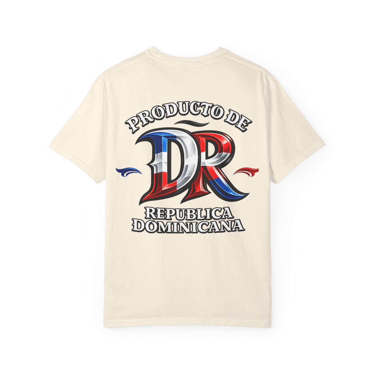 An off-white short-sleeve t-shirt with a graphic on the front featuring the text 'PRODUCTO DE REPUBLICA DOMINICANA' and a stylized 'DR' monogram in the colors of the Dominican Republic flag.