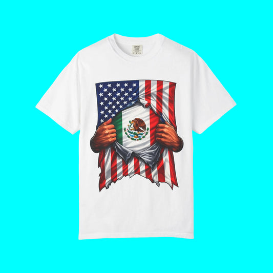 White t-shirt with a graphic design of an American flag and Mexican flag inside hands on a white background