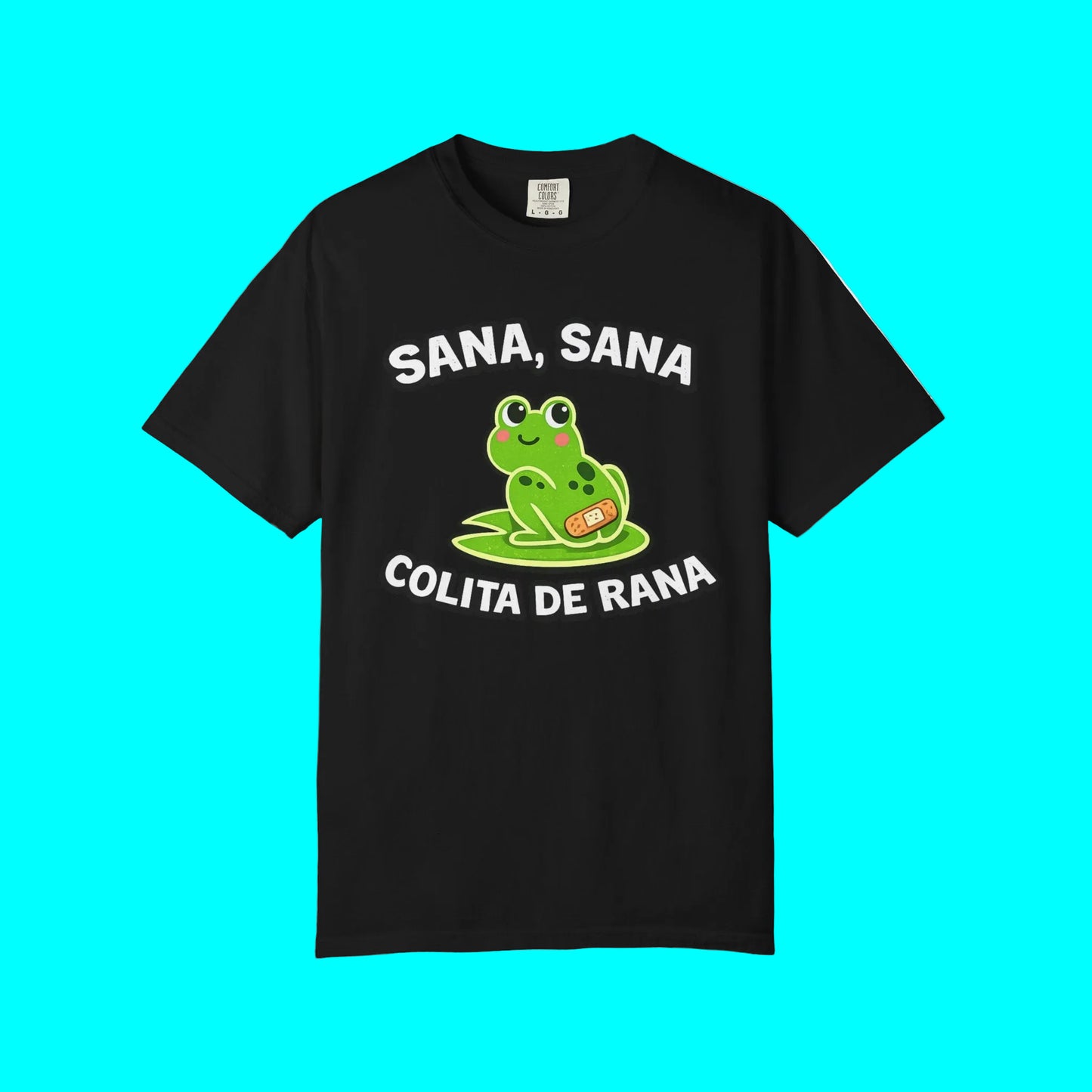 Black t-shirt with a green frog graphic and text on a white background