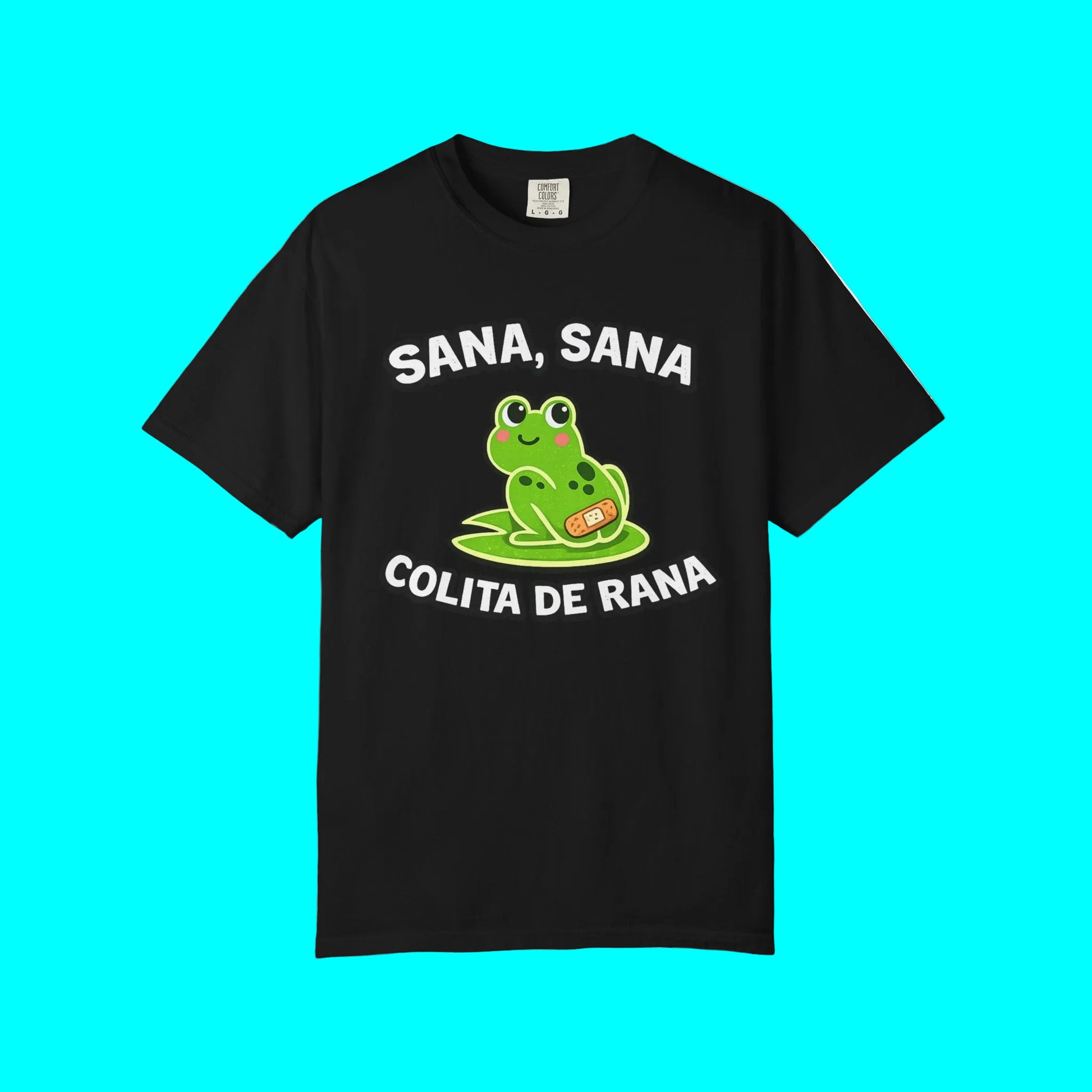 Black t-shirt with a green frog graphic and text on a white background