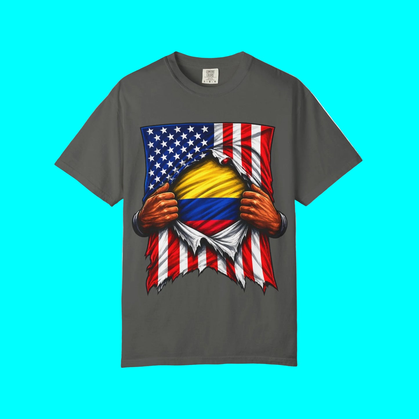Gray t-shirt with an American flag and Colombian flag graphic on a white background