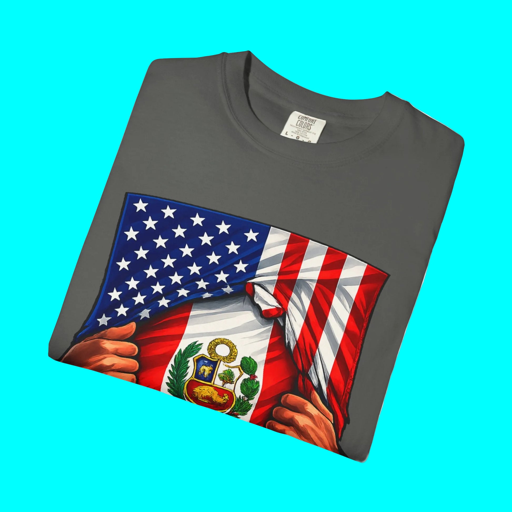 Gray t-shirt with American and Peruvian flag design on a white background
