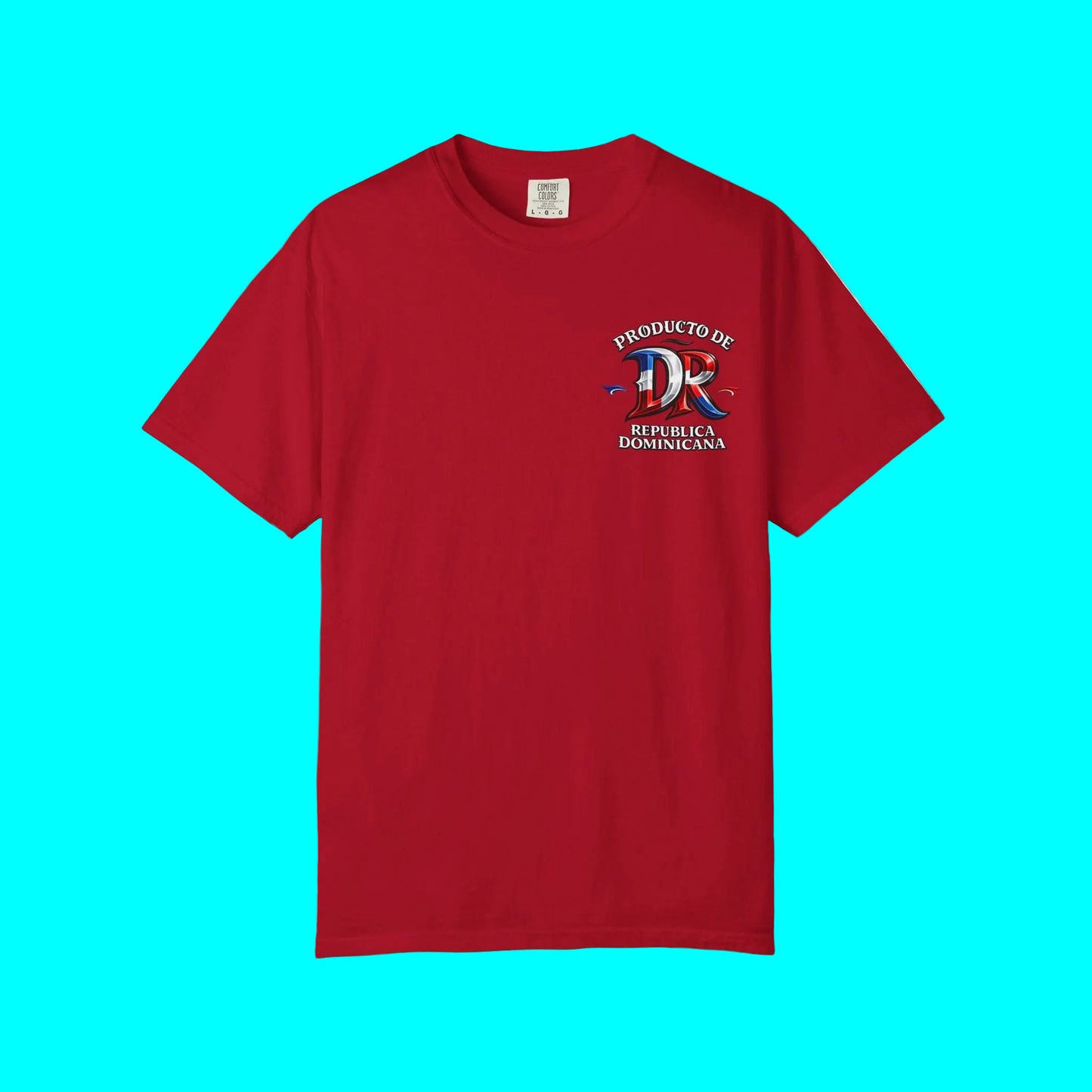 A red short-sleeve crewneck t-shirt with a small graphic on the left chest featuring a stylized 'DR' logo and the text 'PRODUCTO DE REPUBLICA DOMINICANA' in white, blue, and red.