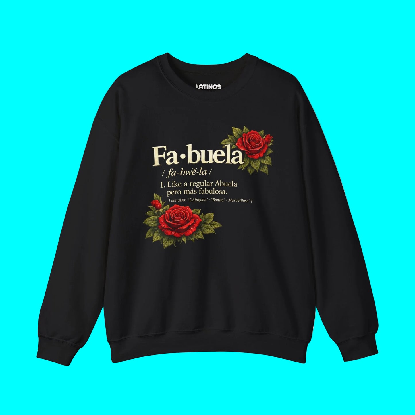 Black sweatshirt with red roses and text on a white background
