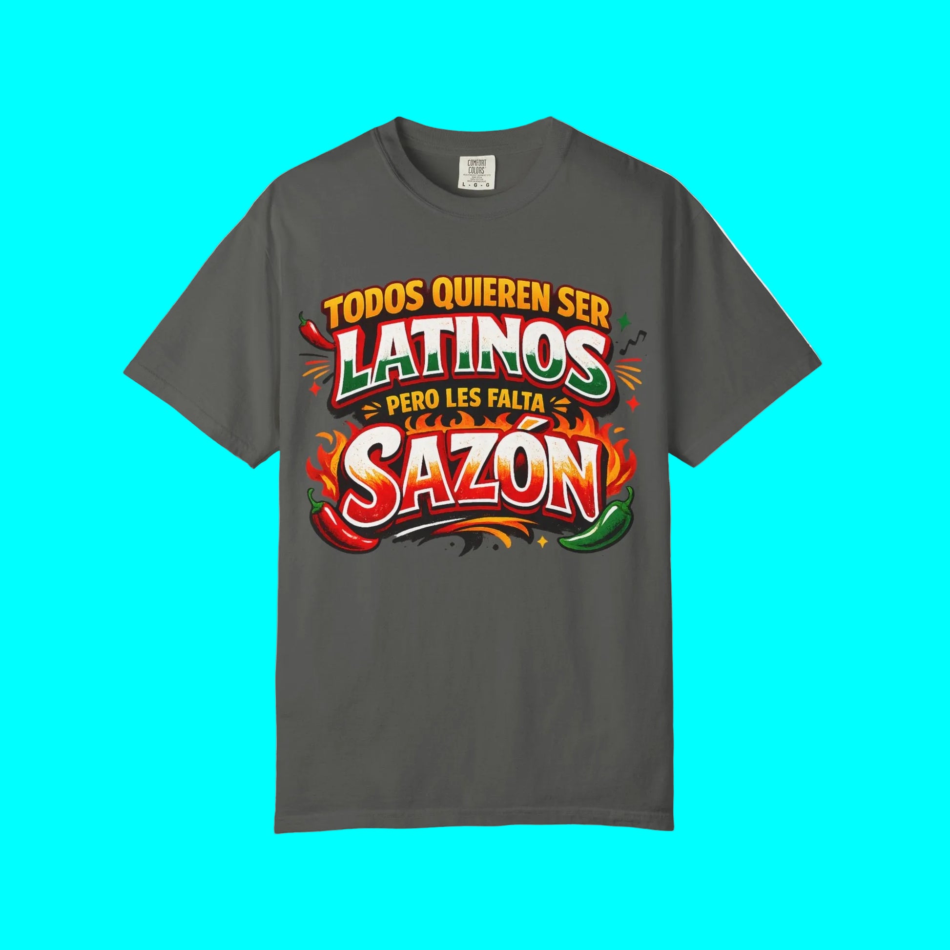 Gray t-shirt with colorful graphic and text on a white background